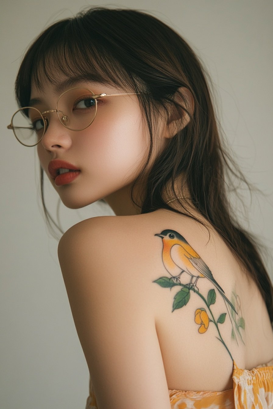 A small bird tattoo on the shoulder of an Asian wom a
