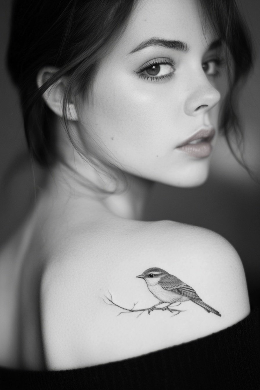A small bird tattoo on the womans shoulder in a sim b