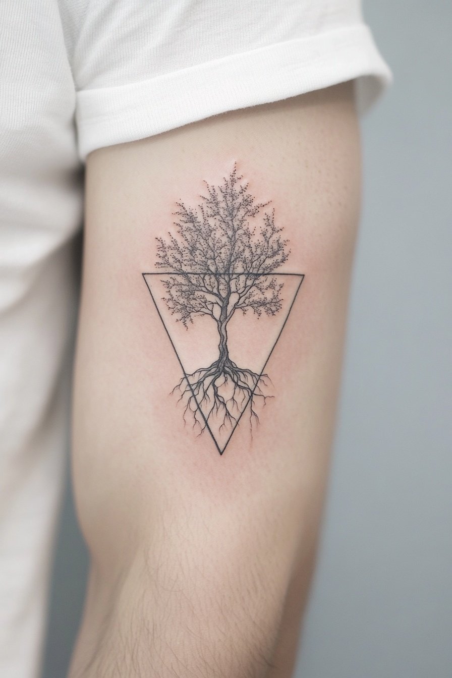 A small black tattoo of an isosceles triangle with d