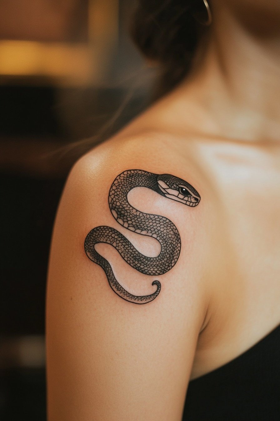 A small snake tattoo on the shoulder of an attracti 2