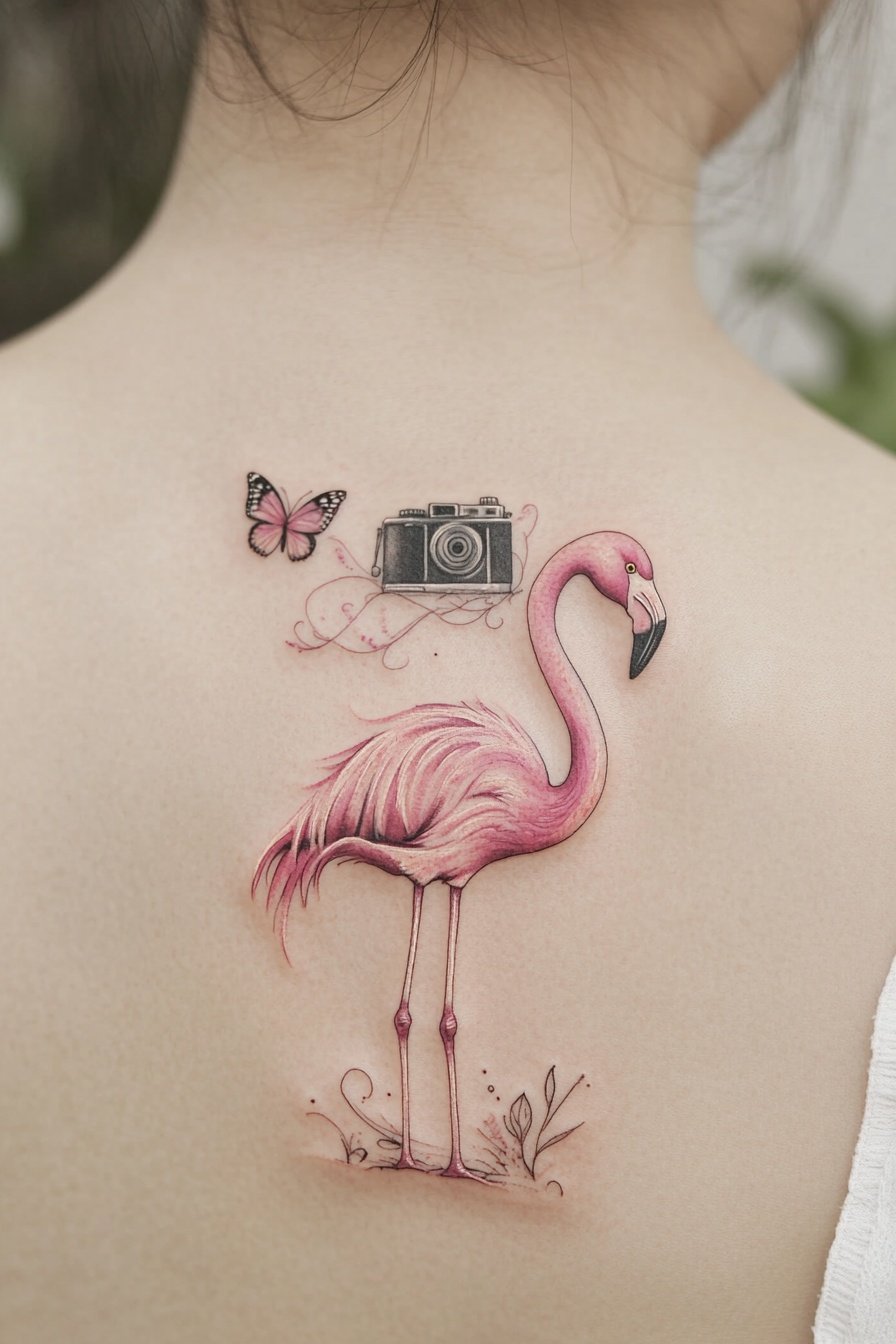 A small tattoo of an elegant flamingo on the womans 2