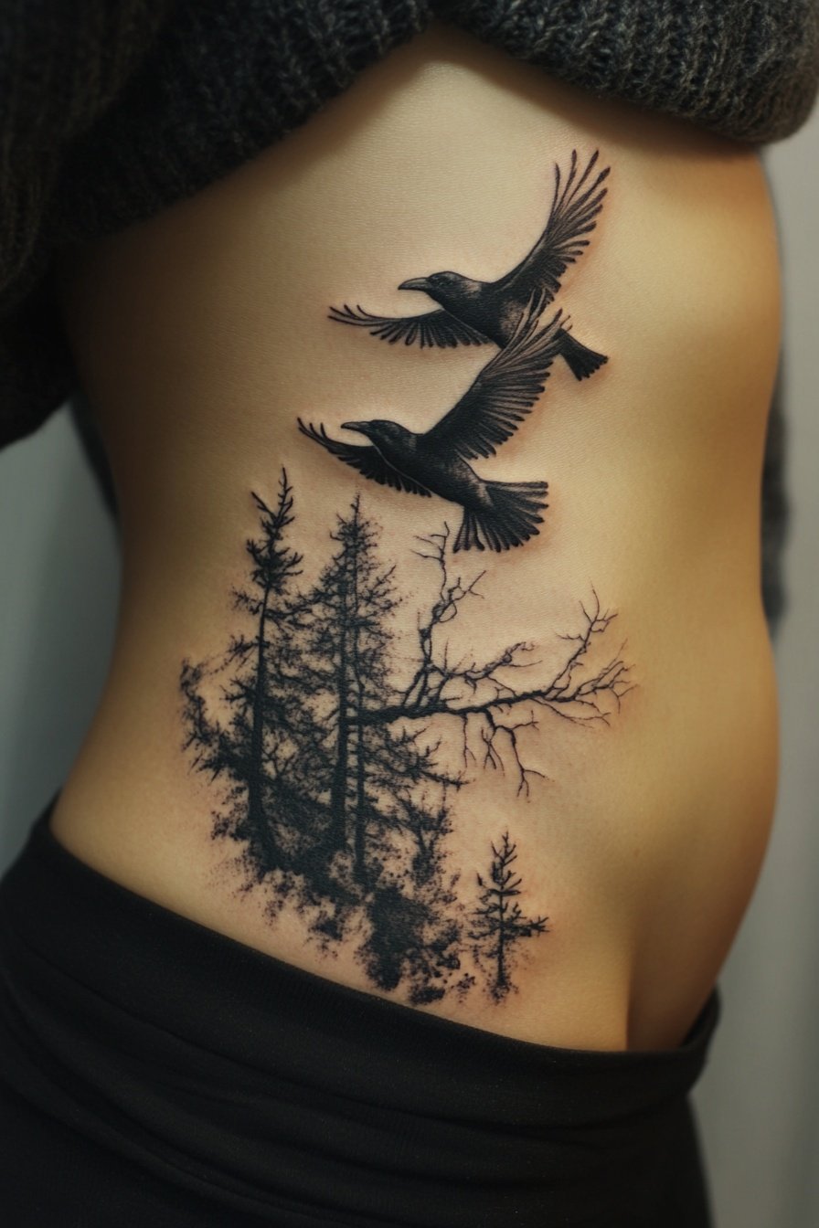 A tattoo of a crow flying with three black birds in c