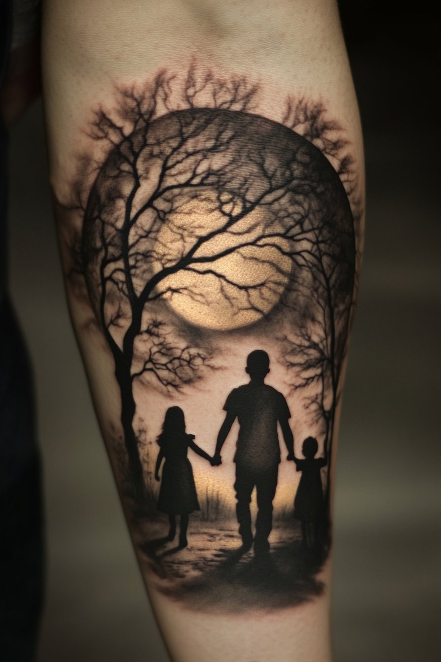 A tattoo of a family silhouette holding hands under f