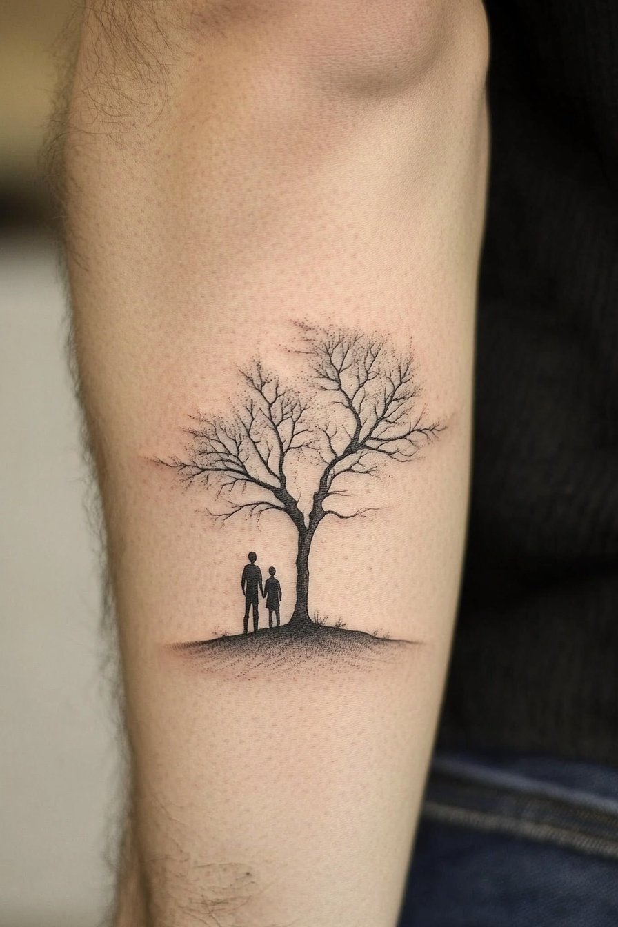 A tattoo of a family tree with two people standing e