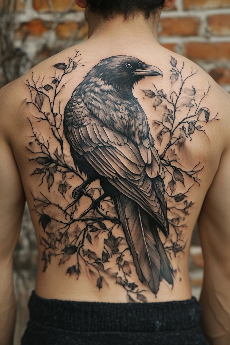 A tattoo of a raven on the back in a cartoon style e