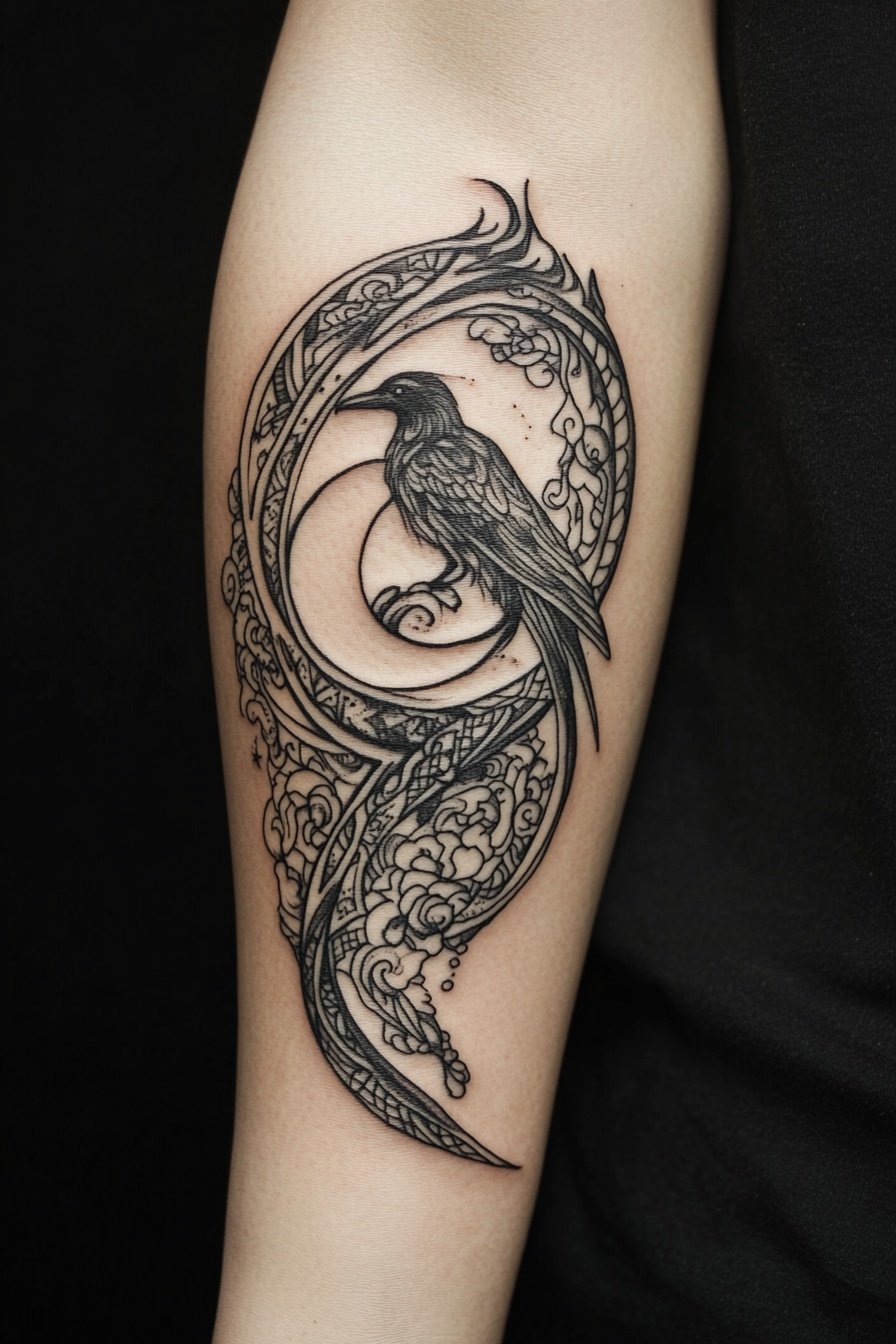 A tattoo of a raven sitting on the moon on an arm w a
