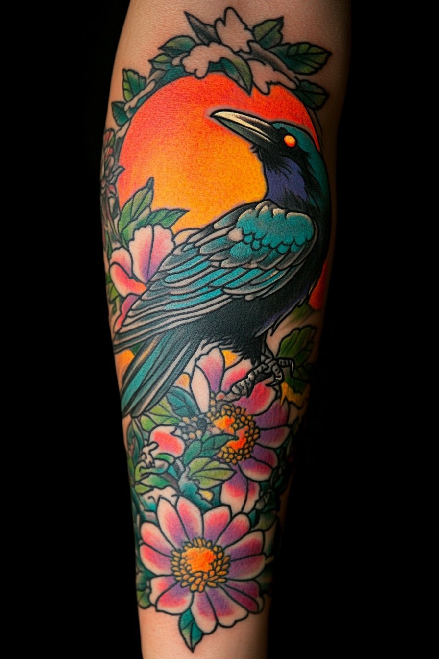 A tattoo of a raven with a sunset and flowers on th b