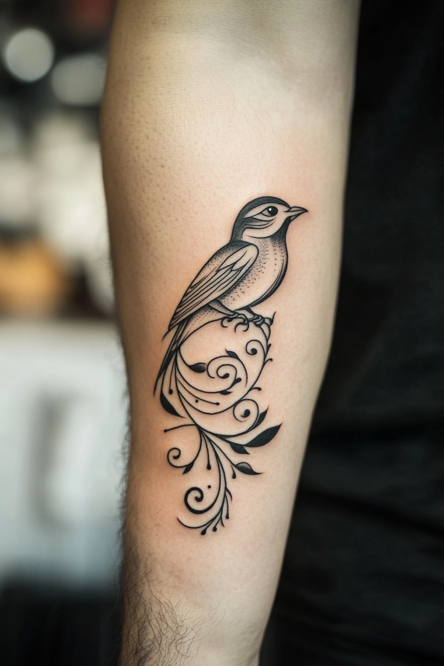 A tattoo of a small bird in the style of Maori and e