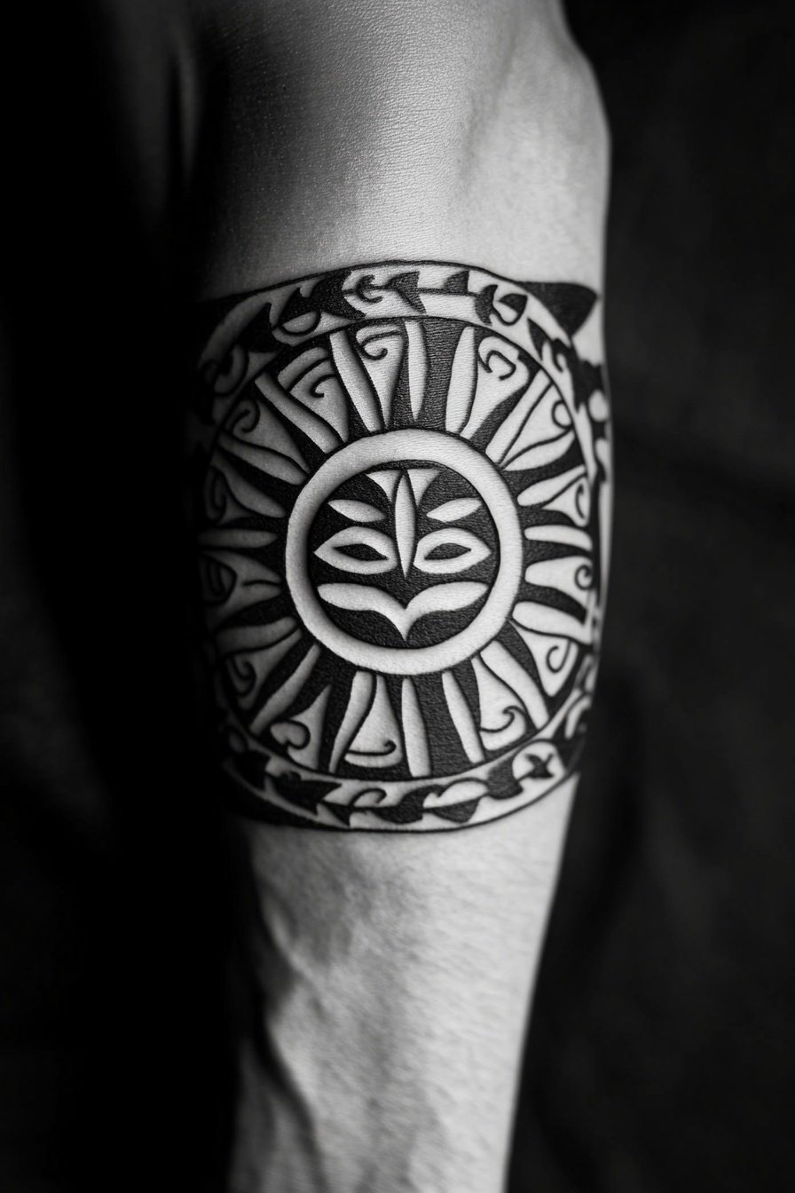 A tattoo of a sun with Maori-style thick lines and 4