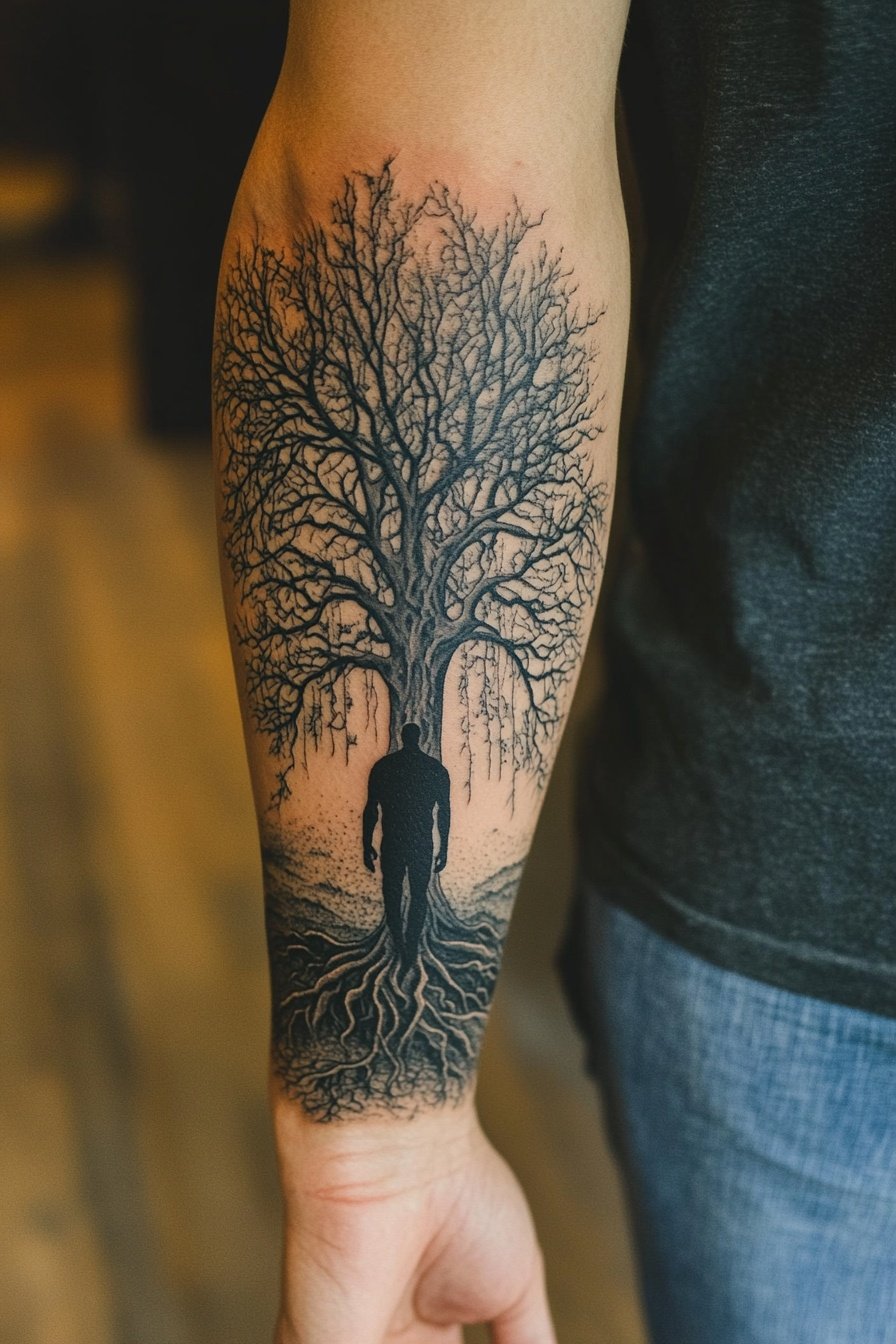 A tattoo of a tree with roots and branches on one a 3