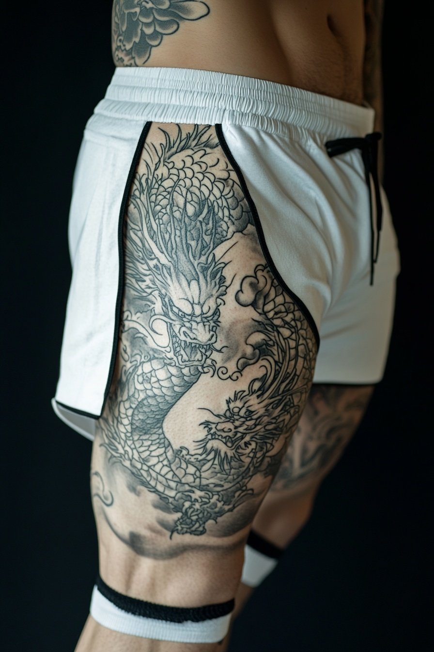 A tattoo of an Asian dragon on the thigh white shor 4