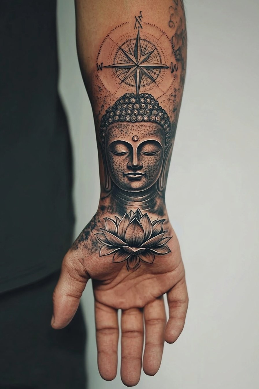 A tattoo of an arm with black and grey ink a lotus 0