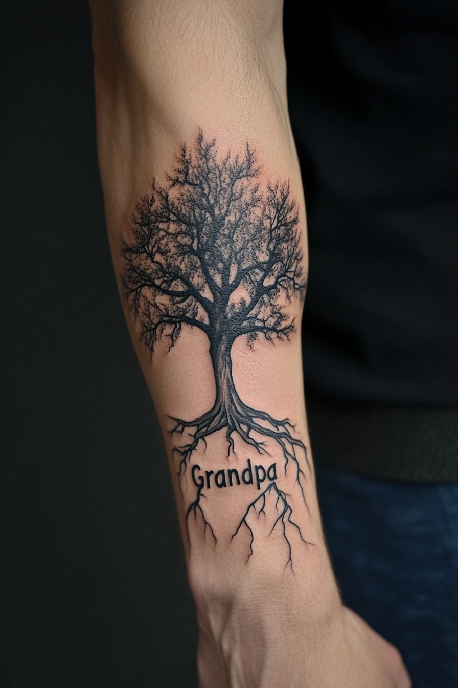 A tattoo of an oak tree with roots forming the word 4