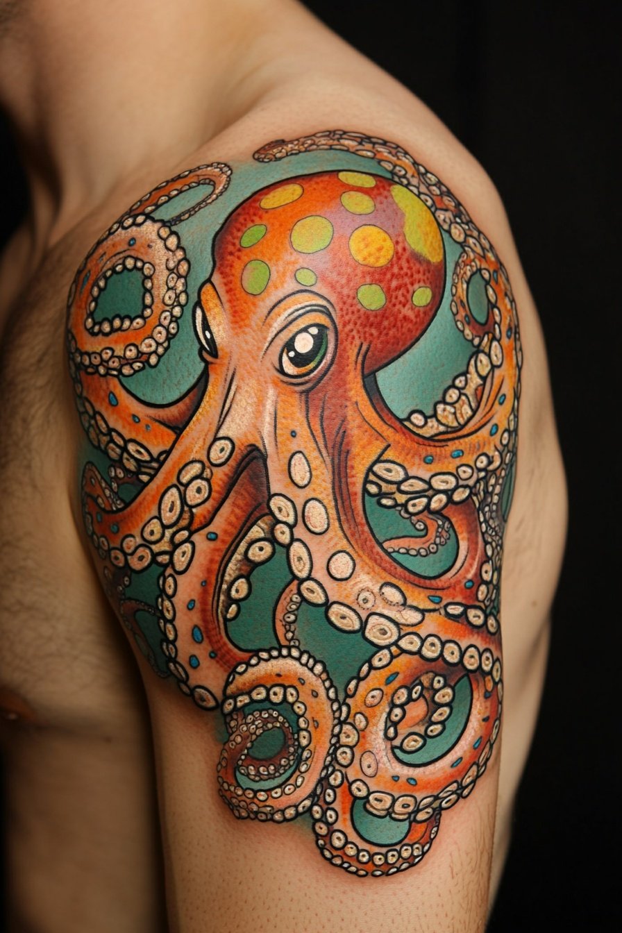 A tattoo of an octopus with colorful dots on its sk 6