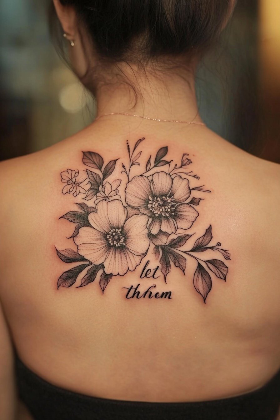 A tattoo of beautiful flowers on the womans back w