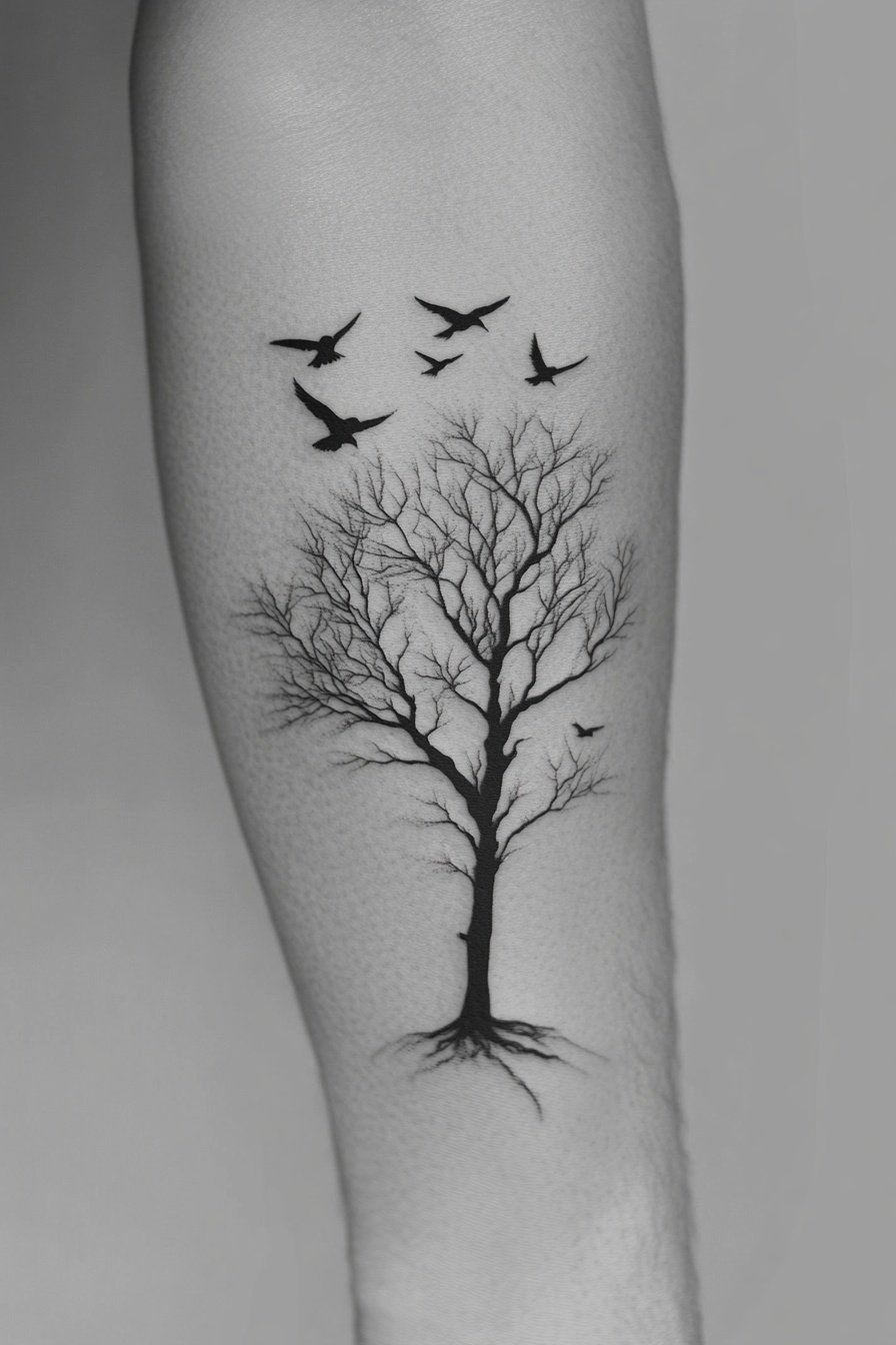 A tattoo of flying birds around a tree in a simple 6
