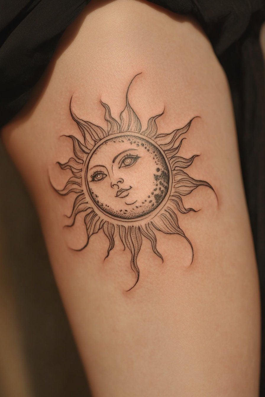 A tattoo of the sun and moon in black ink on a woma a