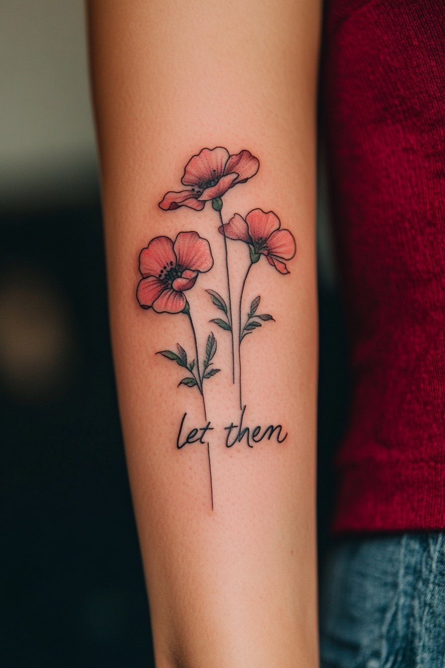 A tattoo on a womans arm depicts three flowers wit