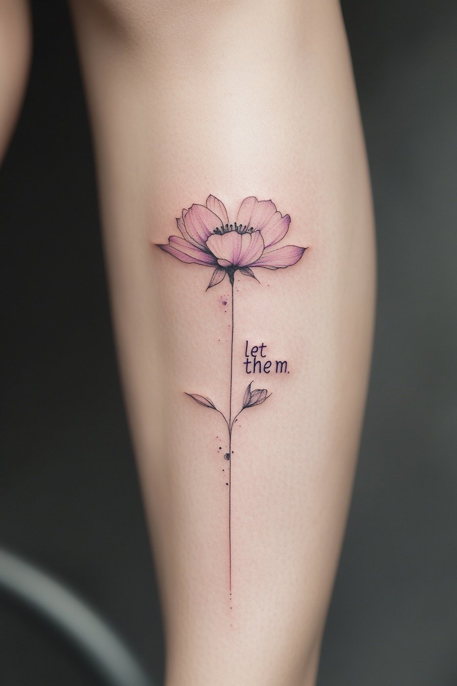 A tattoo on a womans leg of a flower with the text