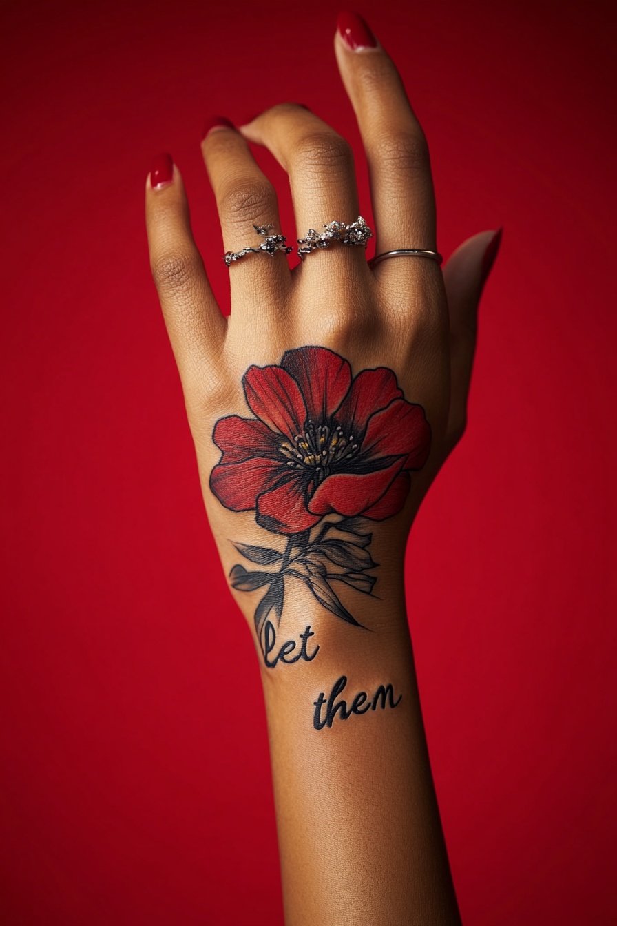 A tattoo on a womans wrist depicts a flower with t