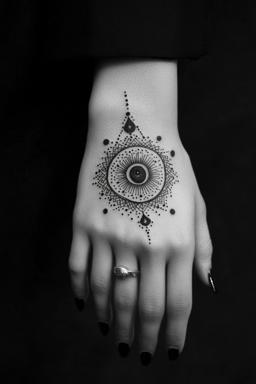 A tattoo on the hand of an all-seeing eye mandala w 0