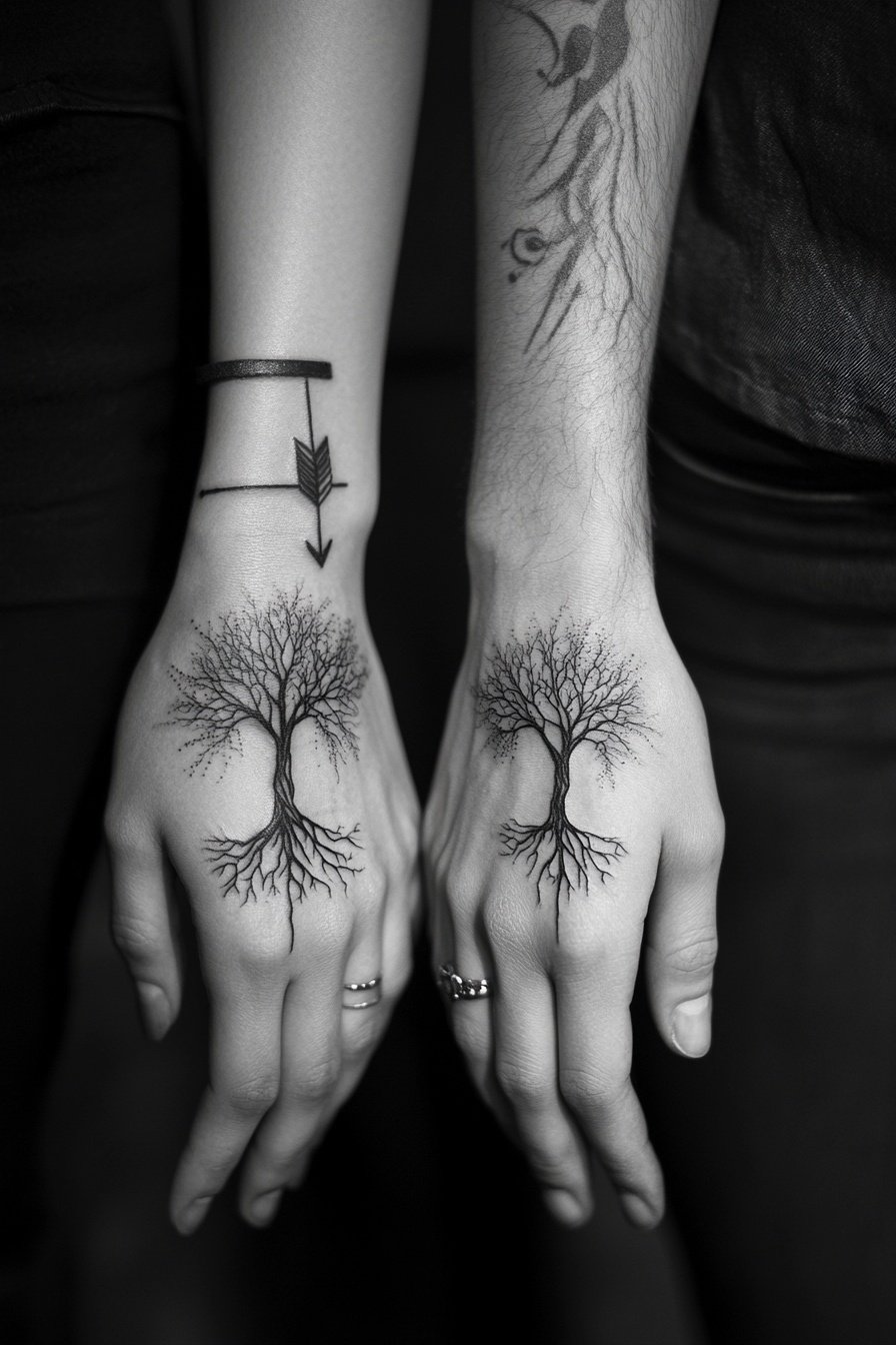 A tattoo on the hands of two people in the shape of 3