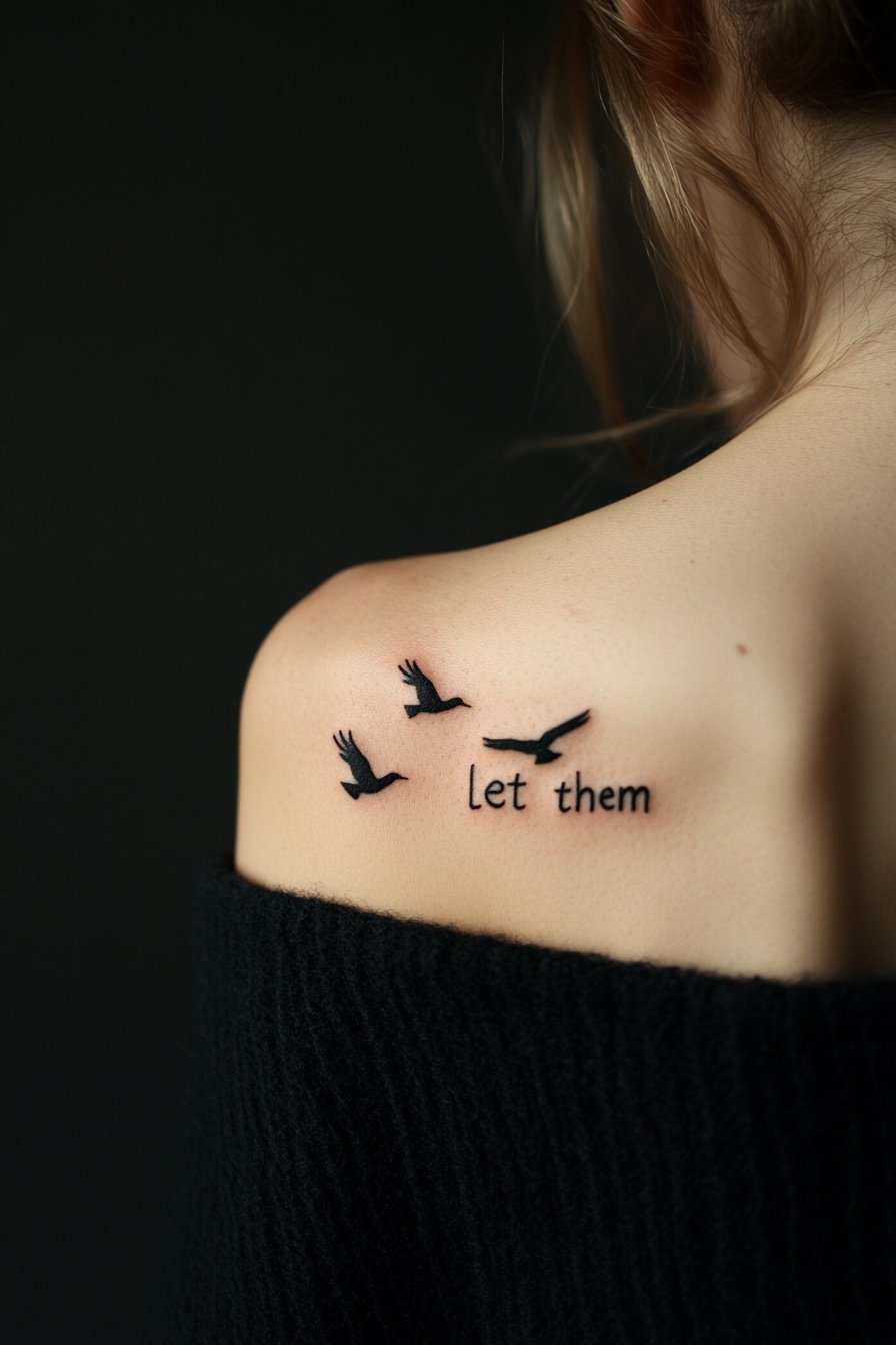 A tattoo on the shoulder depicts birds flying with