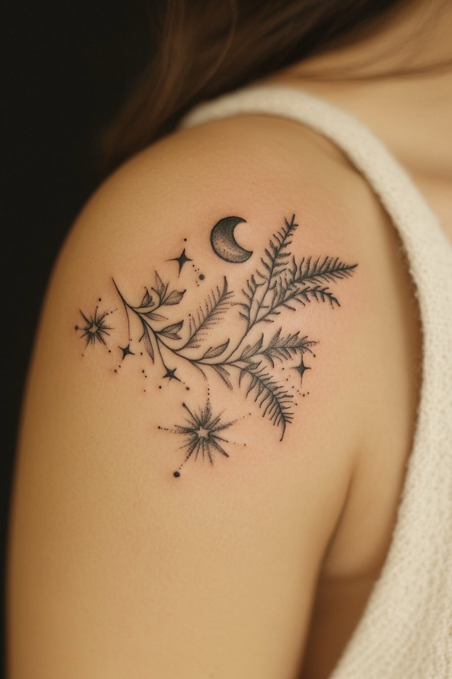 A tattoo on the shoulder of a woman featuring a sma 7