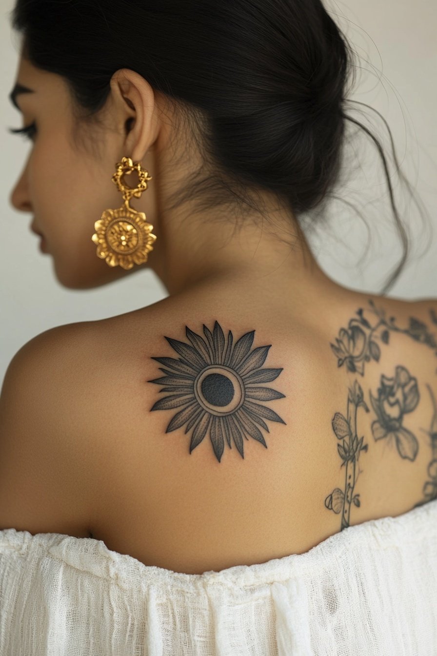 A tattoo on the shoulder of an Indian woman featuri 2