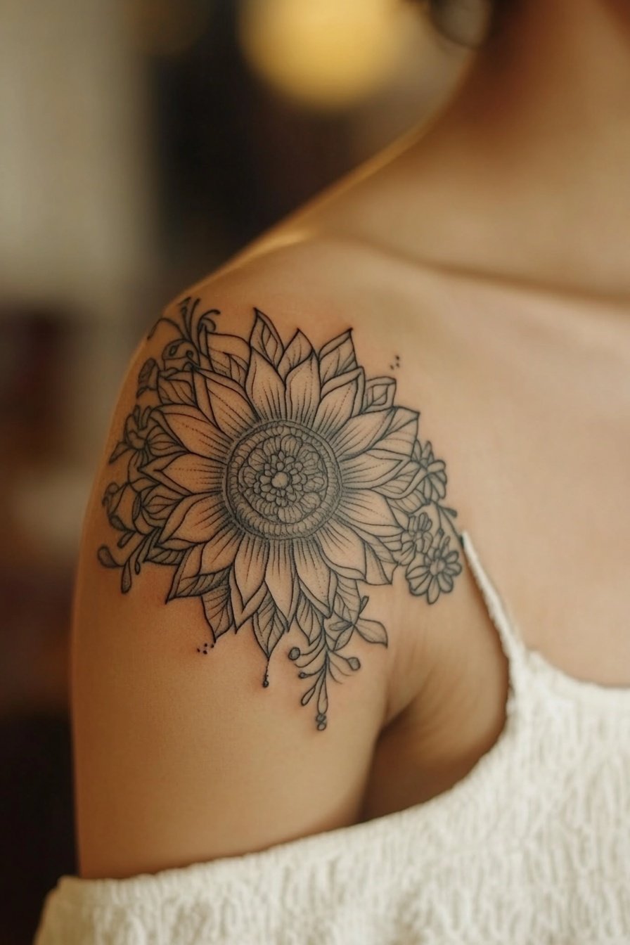 A tattoo on the shoulder of an Indian woman featuri f