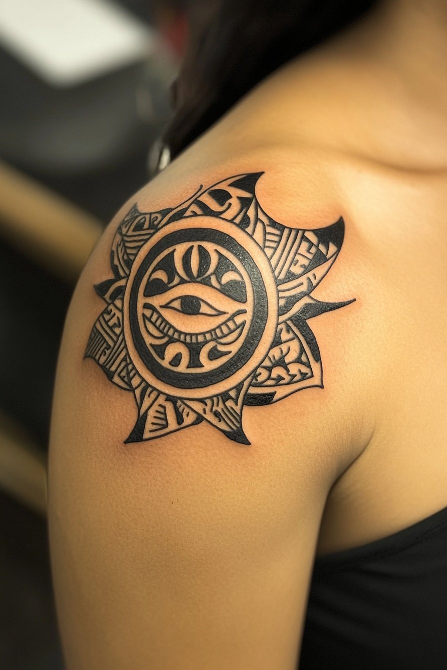 A tribal tattoo on a womans shoulder featuring a bl e