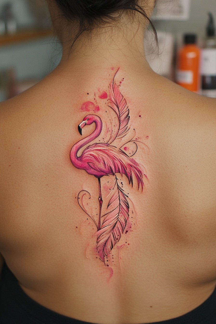A watercolor-style flamingo and feather design on a 7