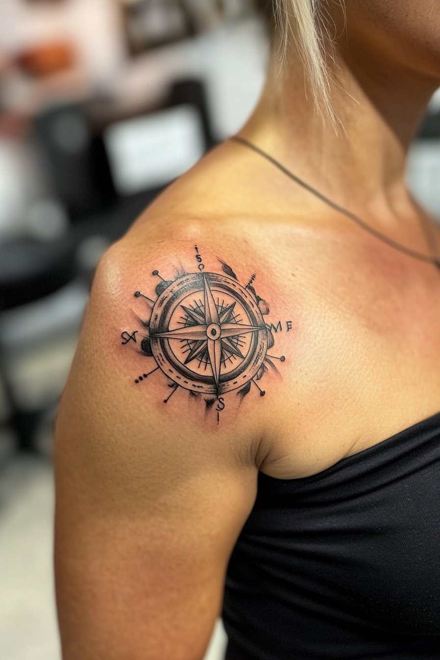 A woman with a shoulder tattoo of a compass a simpl d