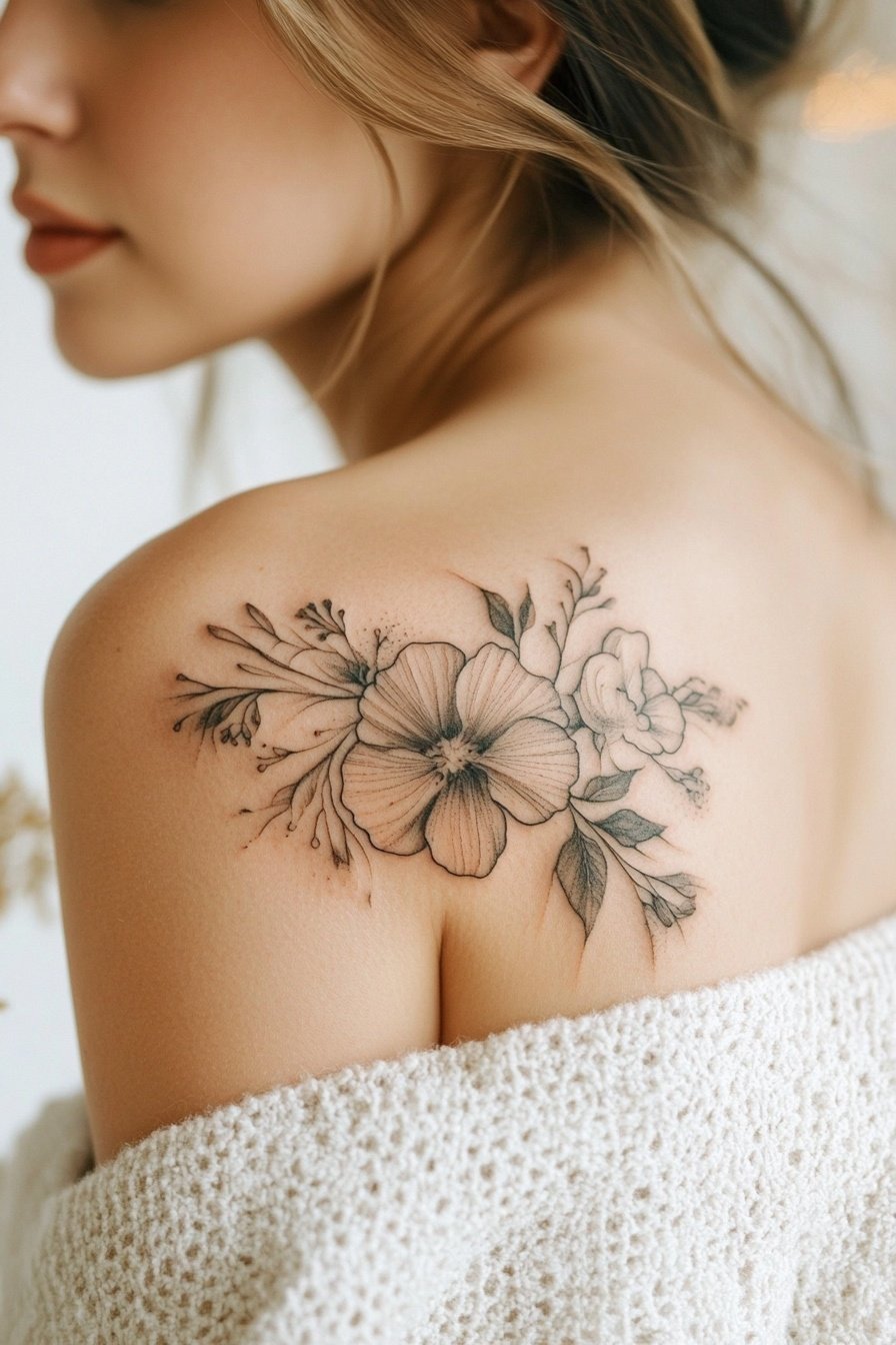 A woman with a shoulder tattoo of a small floral de 3