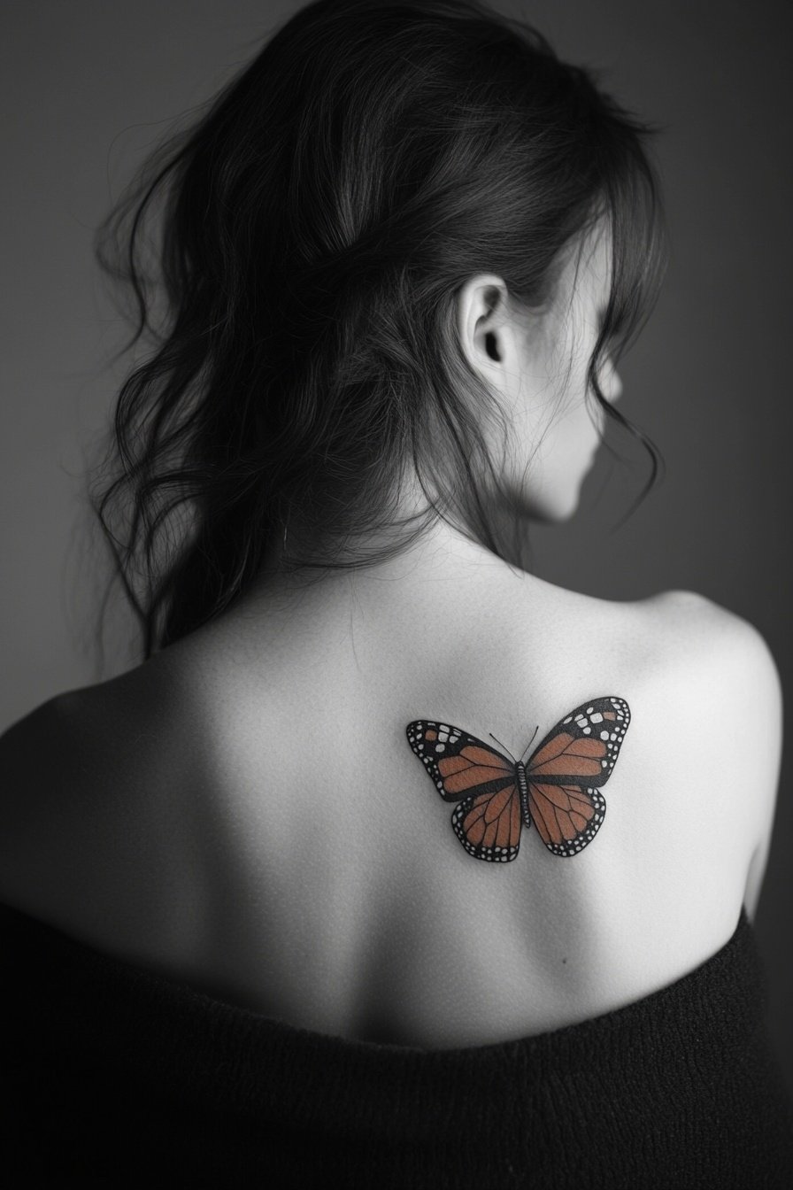 A woman with an orange butterfly tattoo on her back 7