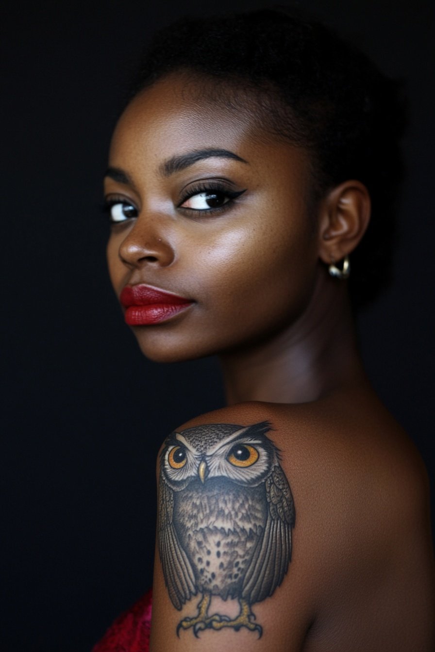 A woman with dark skin and a small owl tattoo on he 8
