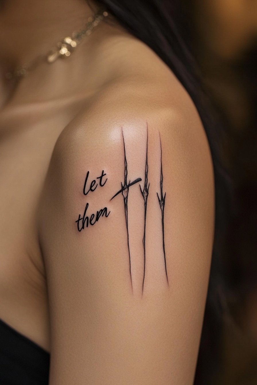 A womans shoulder with the word let them tattooed
