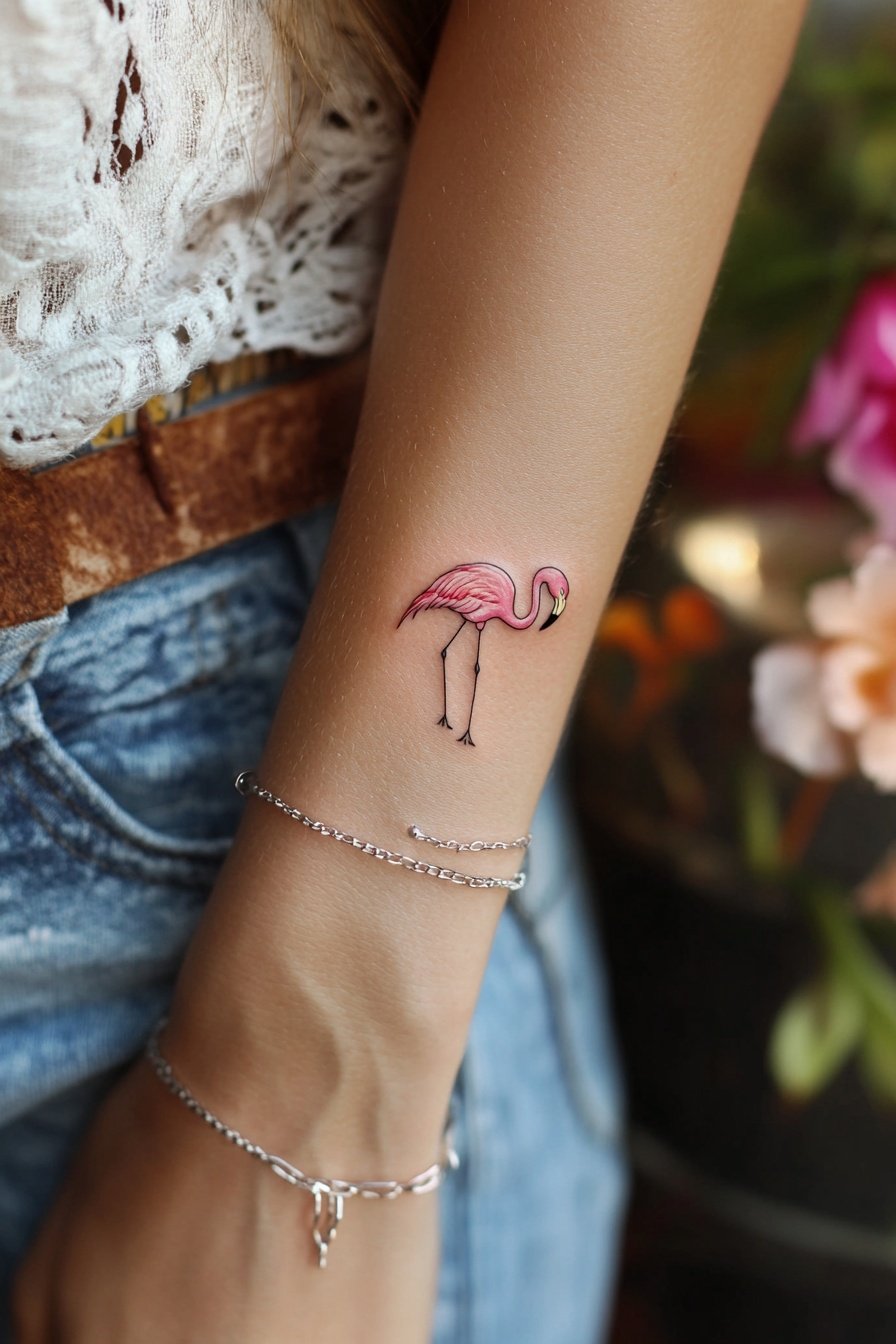 A womans wrist with a small flamingo tattoo wearing c