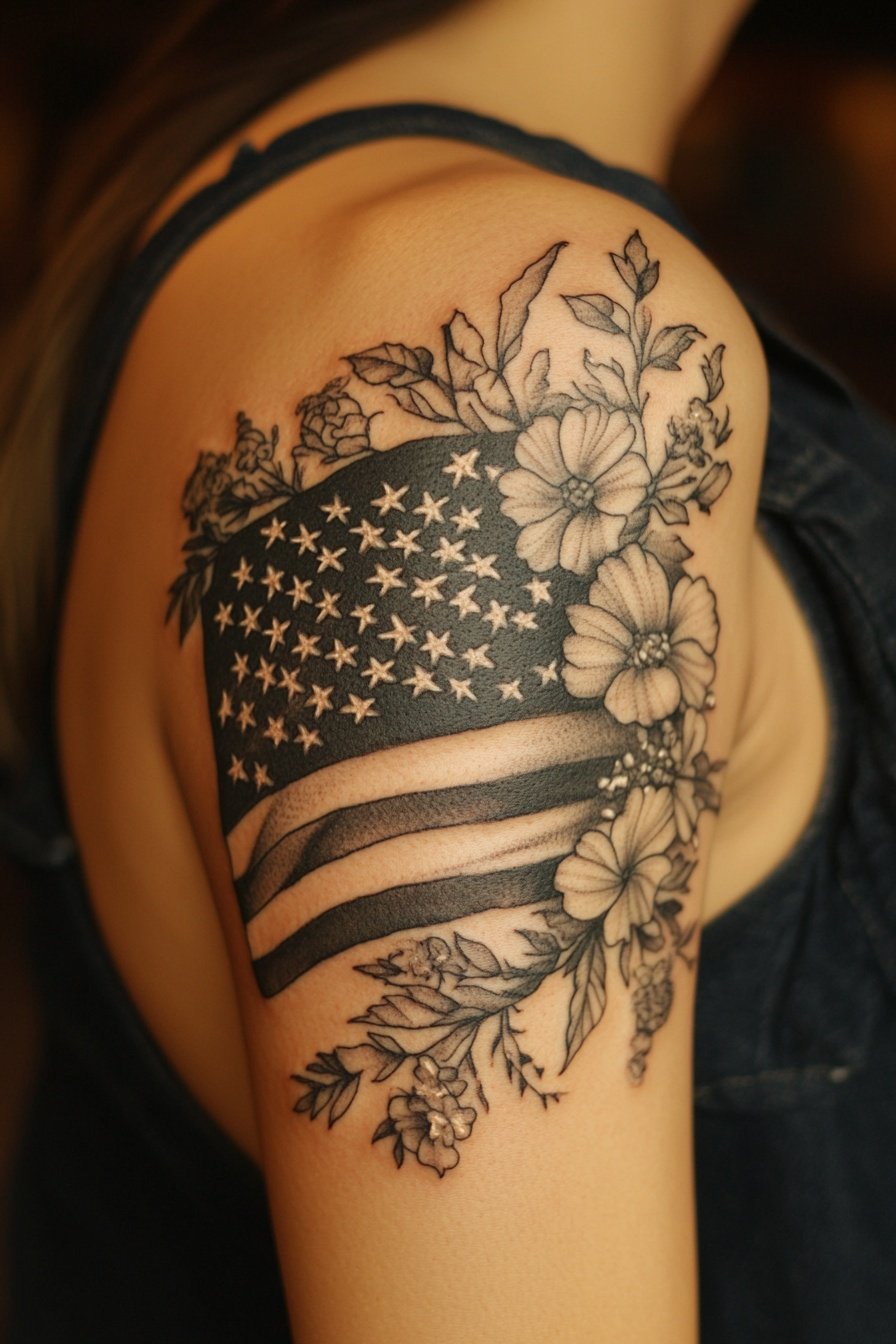 American flag tattoo on a womans shoulder with a fl c
