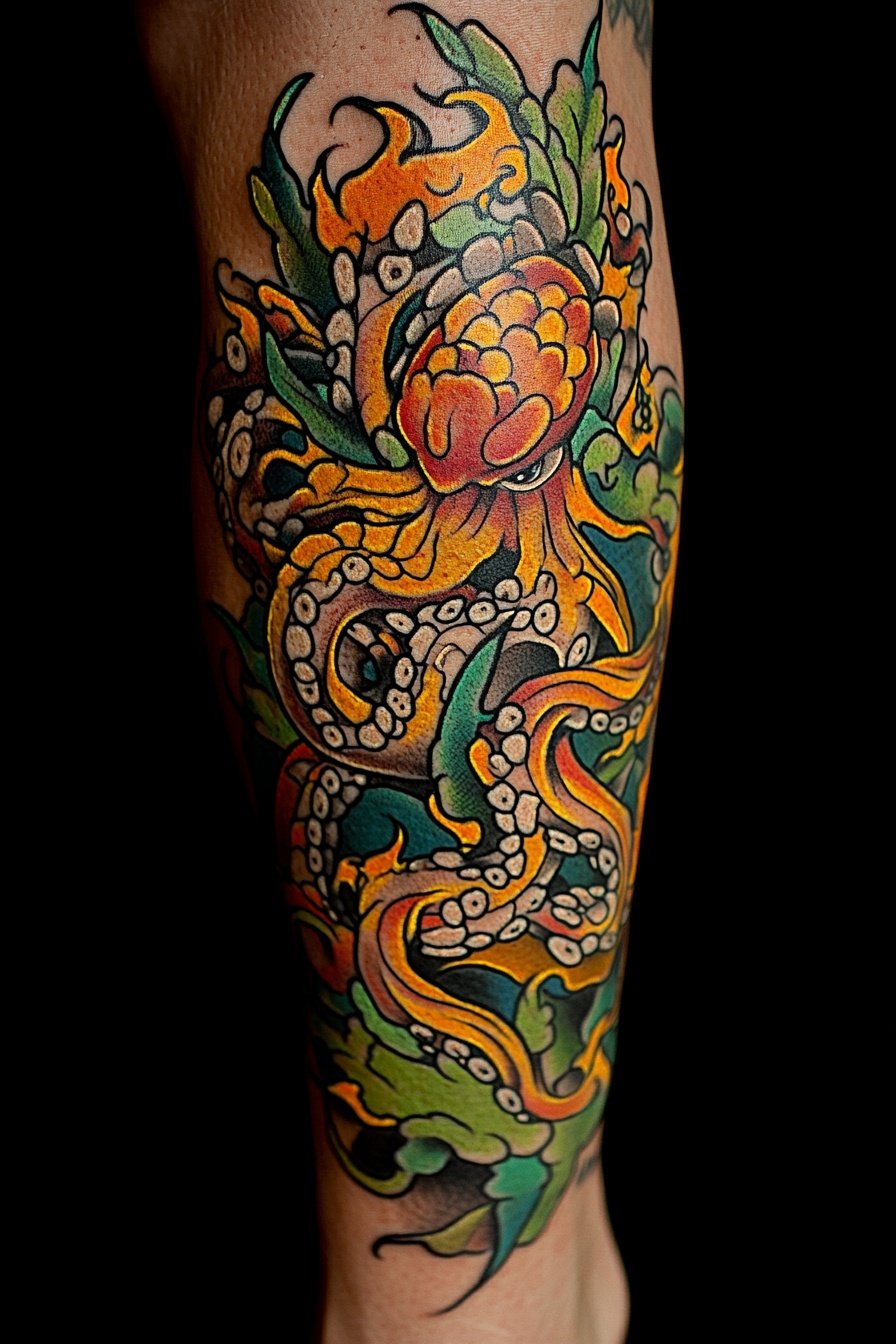 An octopus tattoo in the style of old-school colorf e