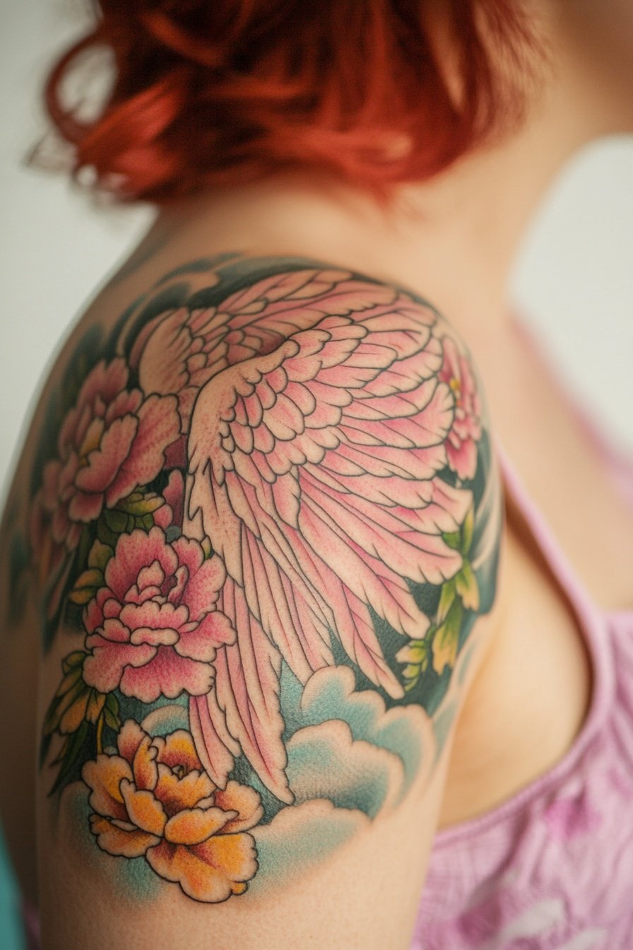 Beautiful Japanese woman shoulder tattoo of pink wi 2