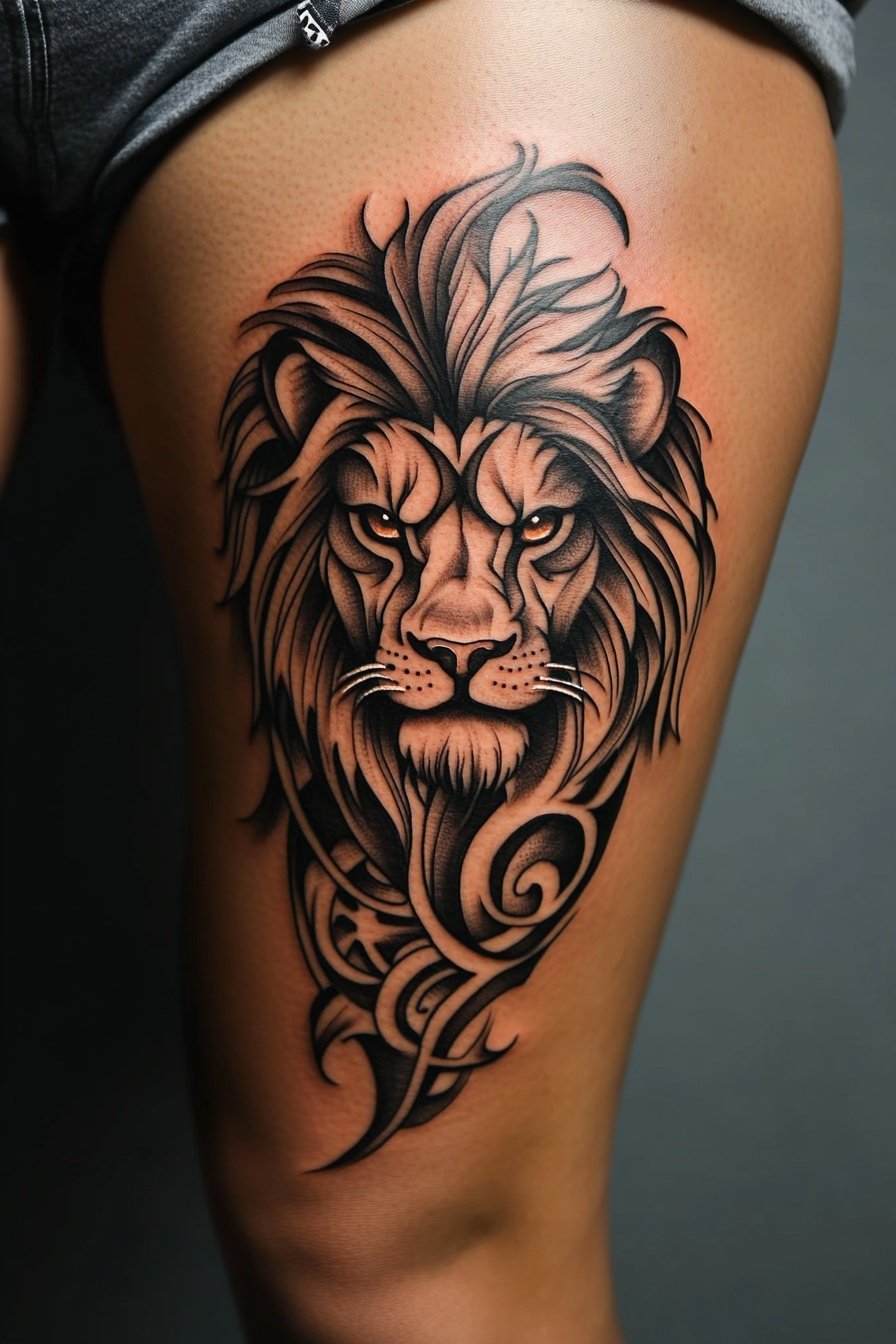 Black and gray lion tattoo design in the style of a f