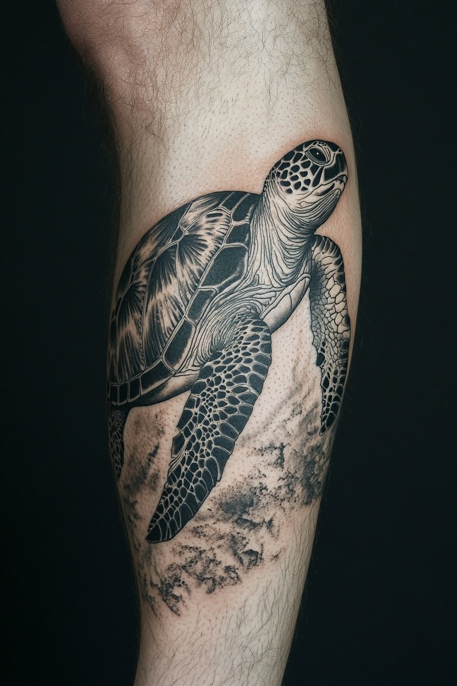 Black and gray sea turtle tattoo on the leg full-bo 1