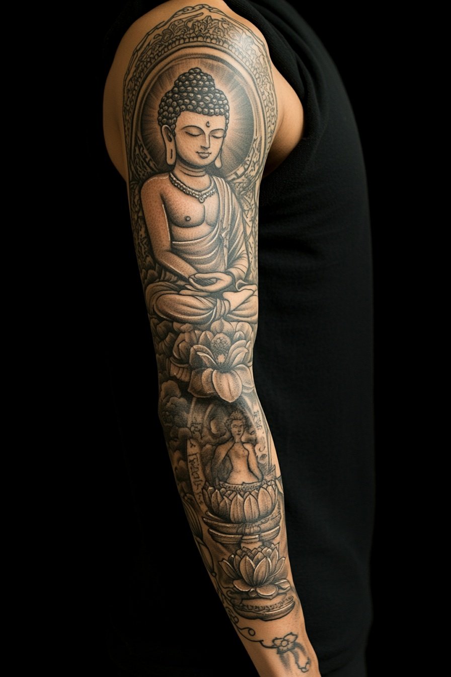 Black and gray tattoo sleeve of an Indian man in a d