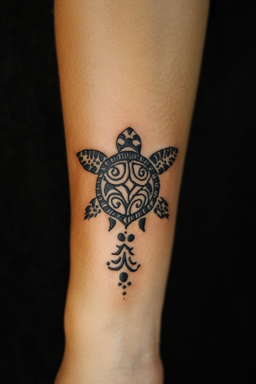 Black and white henna-style tattoo of a turtle on t 3