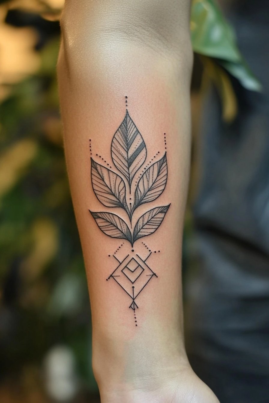 Black and white tattoo of a tribal pattern on the f d
