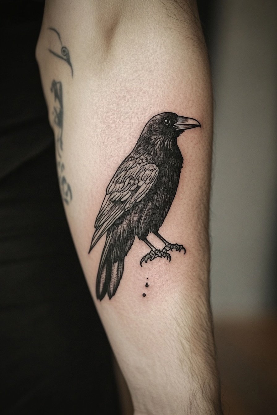 Black raven tattoo on the forearm in a sitting posi 3