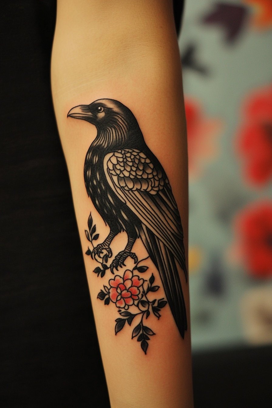 Black raven tattoo on the forearm in the style of t c