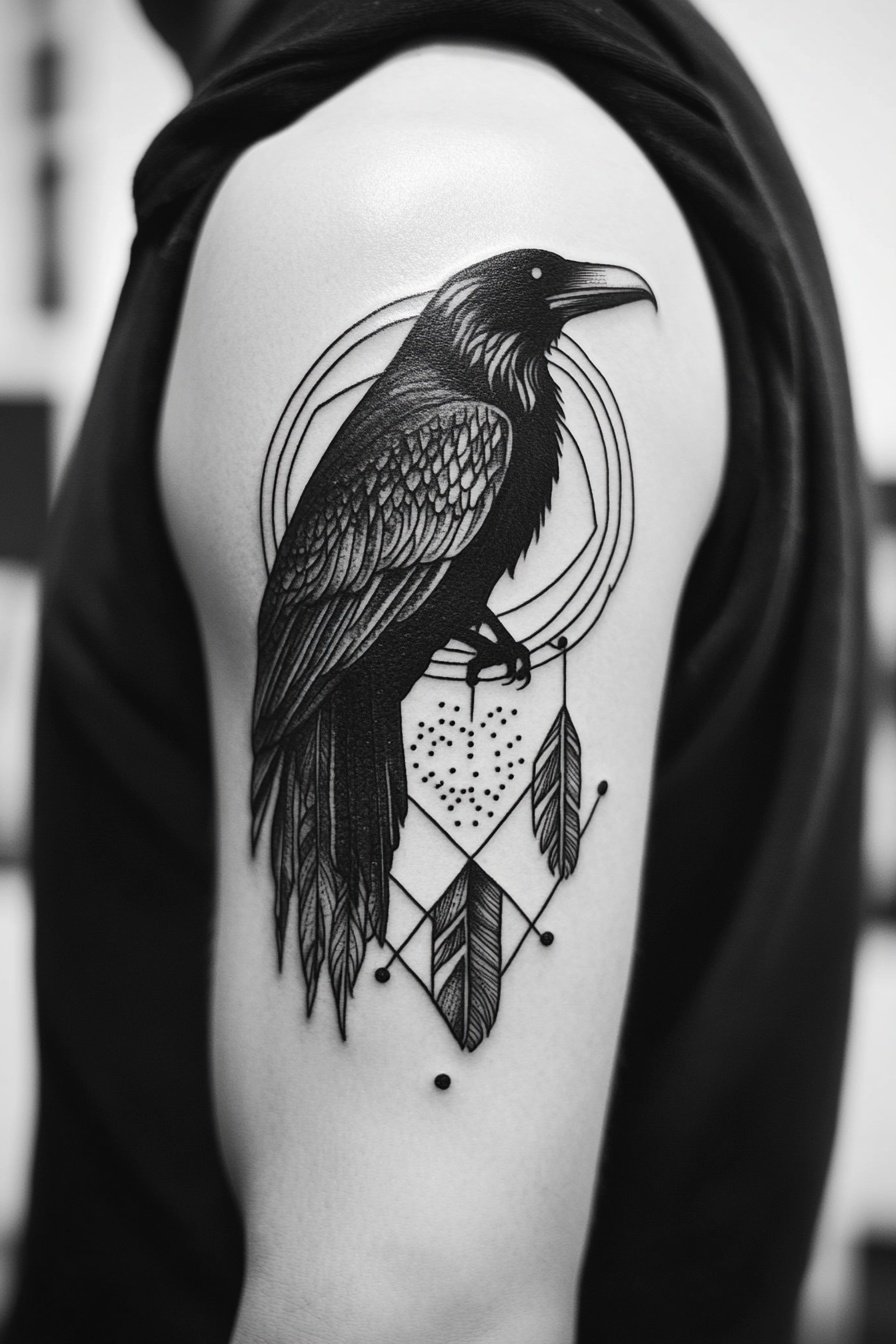 Black raven with dreamcatcher and geometric pattern 6