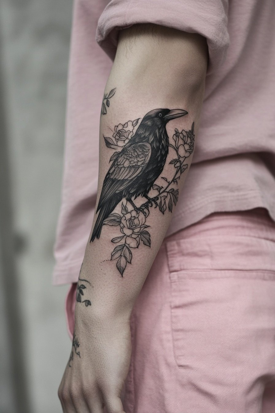 Black raven with roses and leaves tattoo on the for d